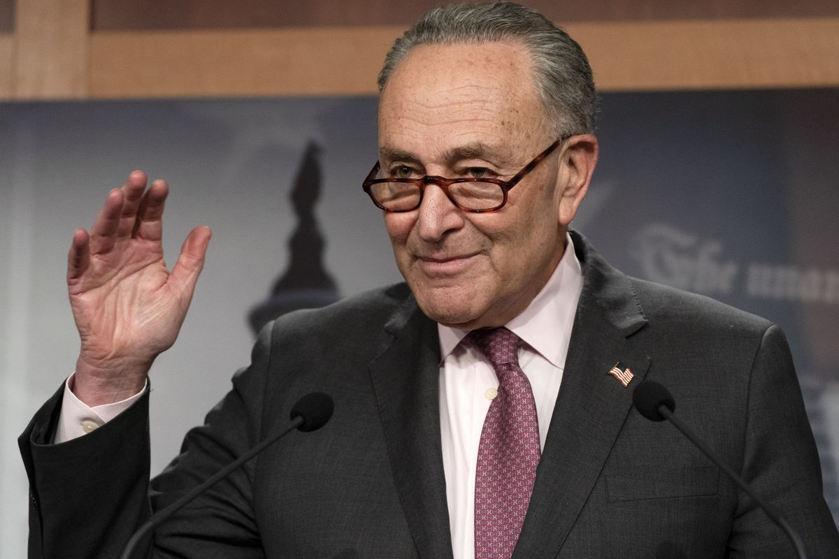 Senate Majority Leader Chuck Schumer, D-N.Y., speaks to the media, Tuesday, March 2, 2021, on Capitol Hill in Washington.  (Jacquelyn Martin)