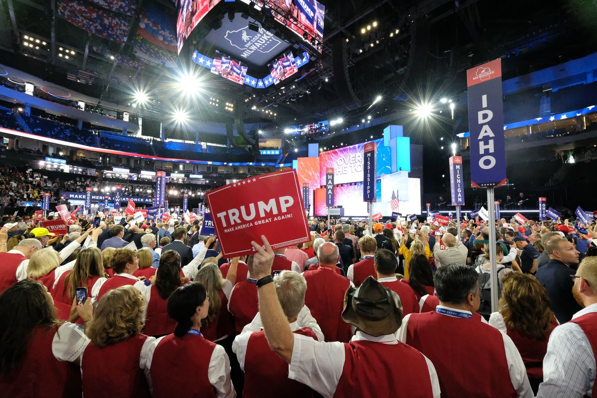 The Idaho delegation cheers at the Republican National Convention in Milwaukee on Monday as former President Donald Trump reaches the number of delegates needed to officially become his party’s nominee for another term in office.  (Orion Donovan Smith/The Spokesman-Review)