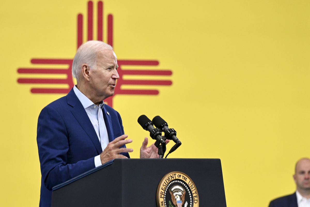 President Joe Biden delivers remarks on the economy in front of the New Mexico state flag at a wind tower manufacturing facility in Belen, N.M., on Aug. 9, 2023.  (KENNY HOLSTON)