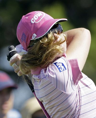 Paula Creamer tees off on the second hole in the final round of the LPGA Samsung World Championship. She finished fourth. (Associated Press / The Spokesman-Review)