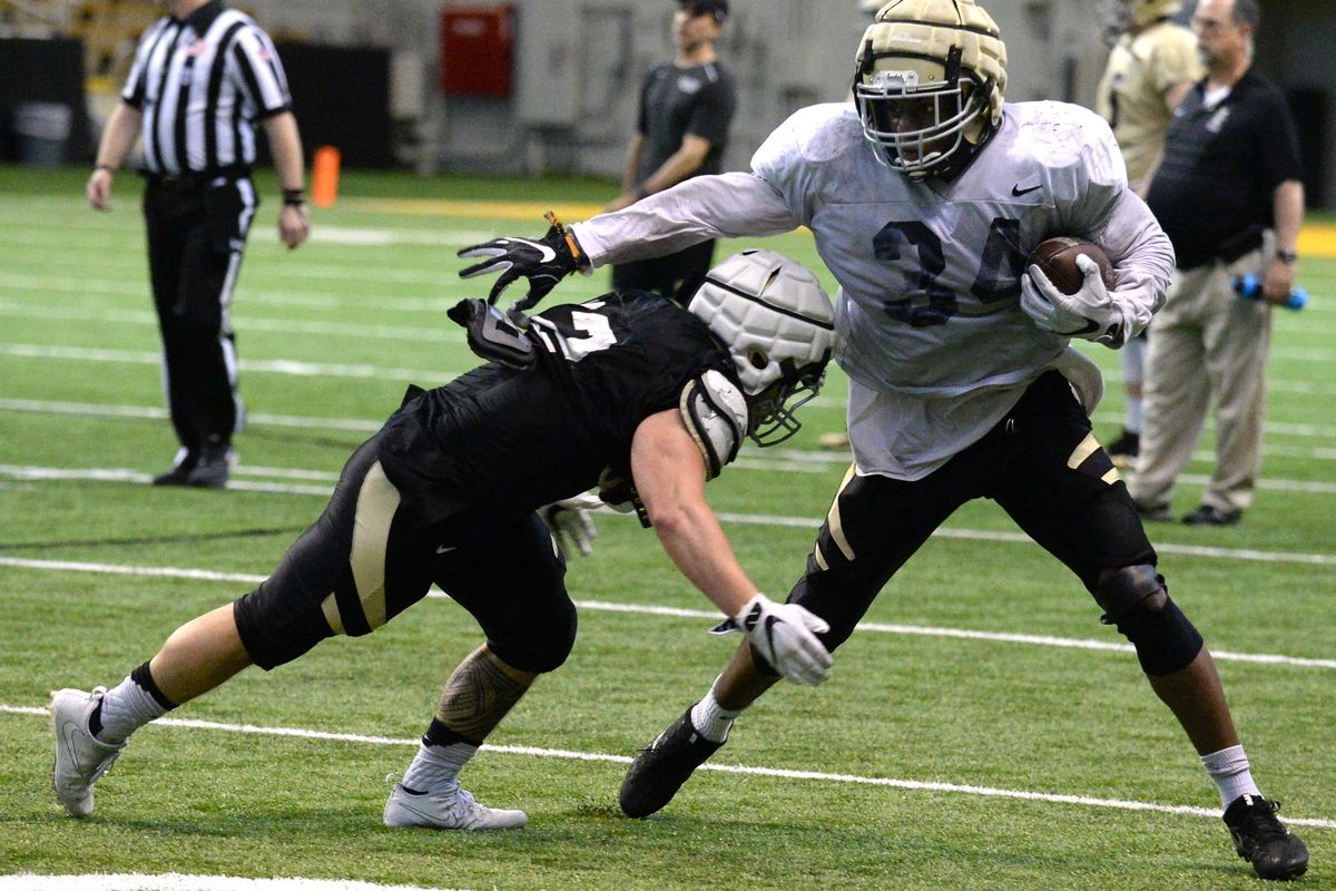 Redshirt junior running back Jack Bamis tries to elude a defender. (Cody Cottier / For The Spokesman-Review)