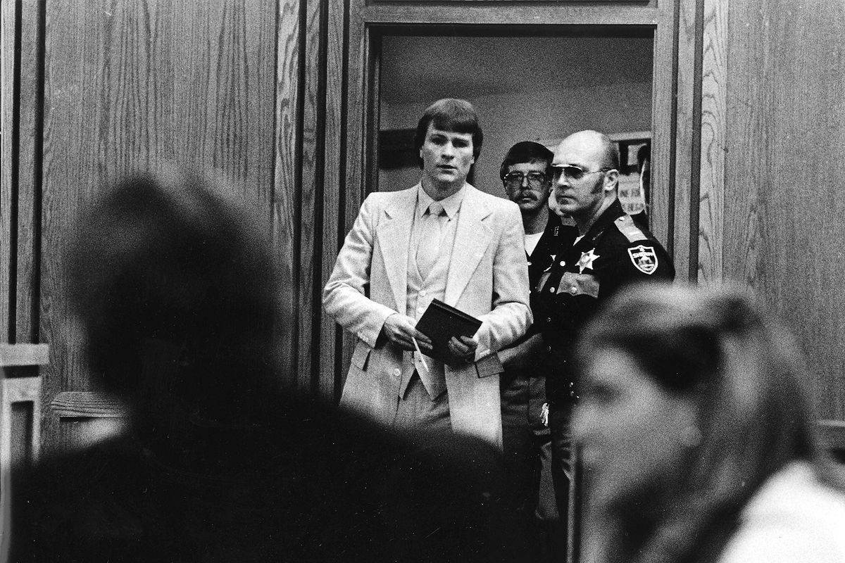 Kevin Coe is brought to the Spokane County Superior Court room where his 1981 trial for rape was held. Coe was convicted of multiple rapes, the verdict was later overturned, and he was re-tried and found guilty again. Photo archive/The Spokesman-Review