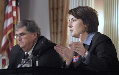 Cathy McMorris Rodgers and Mark Mays debated Friday morning before Greater Spokane Inc.  at the Spokane Club. See  the story at s-r.com  (Christopher Anderson / The Spokesman-Review)