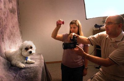 
Brice Logan takes a picture of Zeus, a Maltese and family pet, while his fiancé, Megen Hall, squeaks a toy to hold his attention. The couple will soon operate their own pet photography business. 
 (Jed Conklin / The Spokesman-Review)