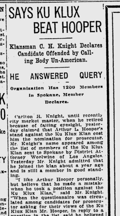 Arthur L. Hooper lost the Republican primary for county prosecutor because he’d angered the local chapter of the Ku Klux Klan, Carlton H. Knight told the newspaper 100 years ago today.  (S-R archives)