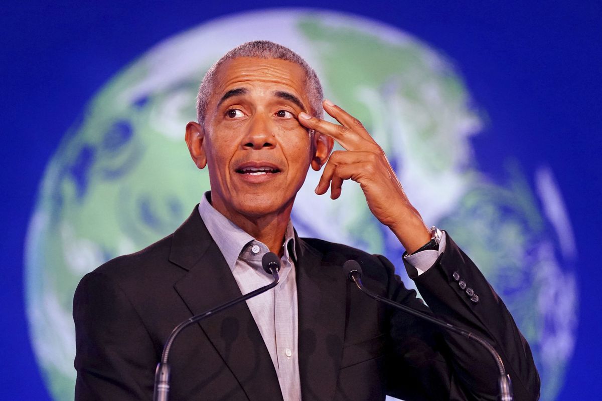 Former U.S. President Barack Obama gestures as he speaks during the COP26 U.N. Climate Summit in Glasgow, Scotland, Monday, Nov. 8, 2021. The U.N. climate summit in Glasgow is entering it’s second week as leaders from around the world, are gathering in Scotland’s biggest city, to lay out their vision for addressing the common challenge of global warming.  (Jane Barlow)