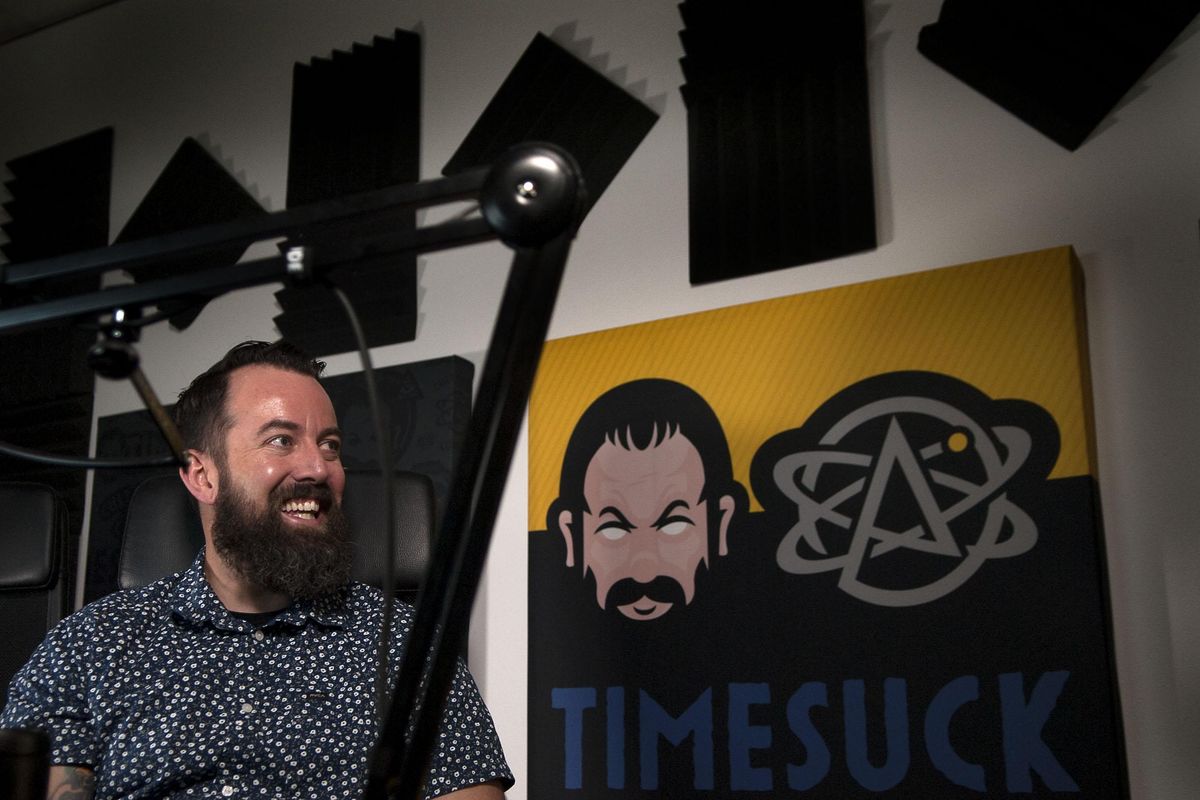 Dan Cummins talks about his podcast, “Timesuck,” at his studio in Coeur d