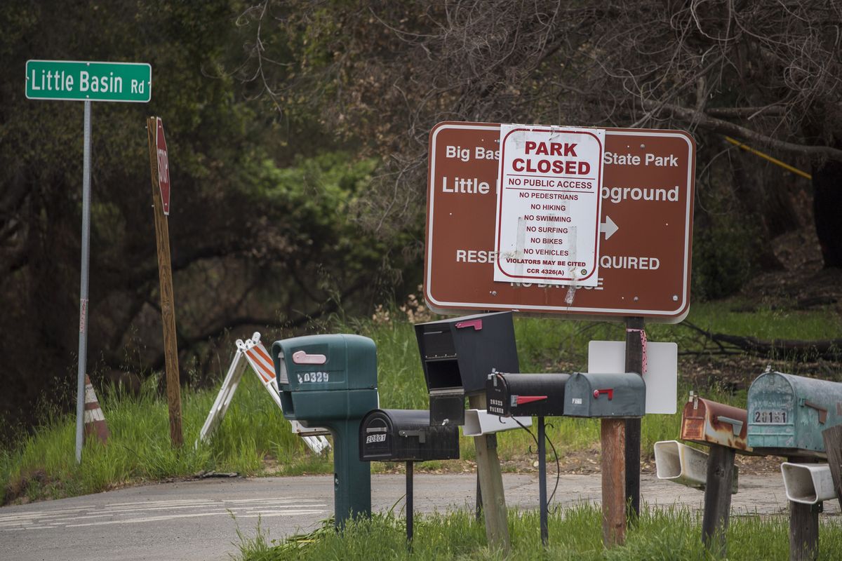 The closed entrance to Big Basin Redwoods State Park in Boulder Creek, Calif., Thursday, April 22, 2021. The park which was scorched last summer after lightning sparked about 650 fires in Northern California, is recovering. Scientists, parks advocates and conservations say the resiliency of Big Basin Redwoods State Park is cause for hope well beyond the Santa Cruz mountains.  (Nic Coury/Associated Press)