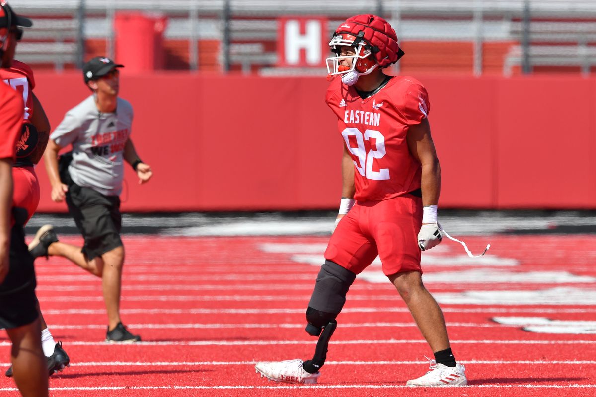 EWU defensive end Brandon Thomas cheers after a play during a scrimmage Saturday at Roos Field in Cheney.  (Tyler Tjomsland/The Spokesman-Review)