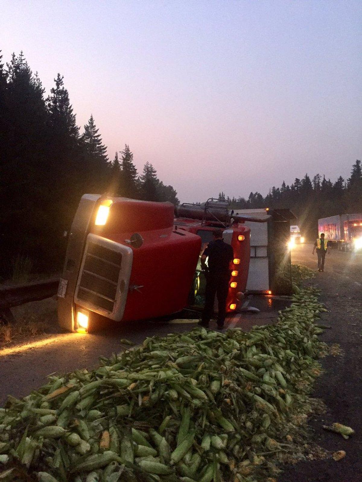 Rolled semitrucks spilled corn onto I-90 blocking westbound traffic for several hours, early Friday morning. (Courtesy photo)