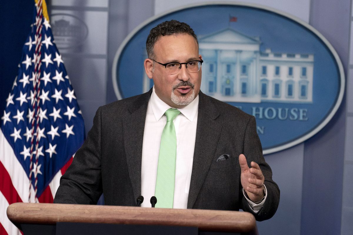 Education Secretary Miguel Cardona speaks during a press briefing at the White House, Wednesday, March 17, 2021, in Washington.  (Andrew Harnik)