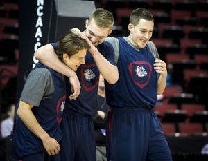 Bulldogs Kevin Pangos, Domantas Sabonis and Kyle Wiltjer, left to right, keep the mood upbeat. (Colin Mulvany)