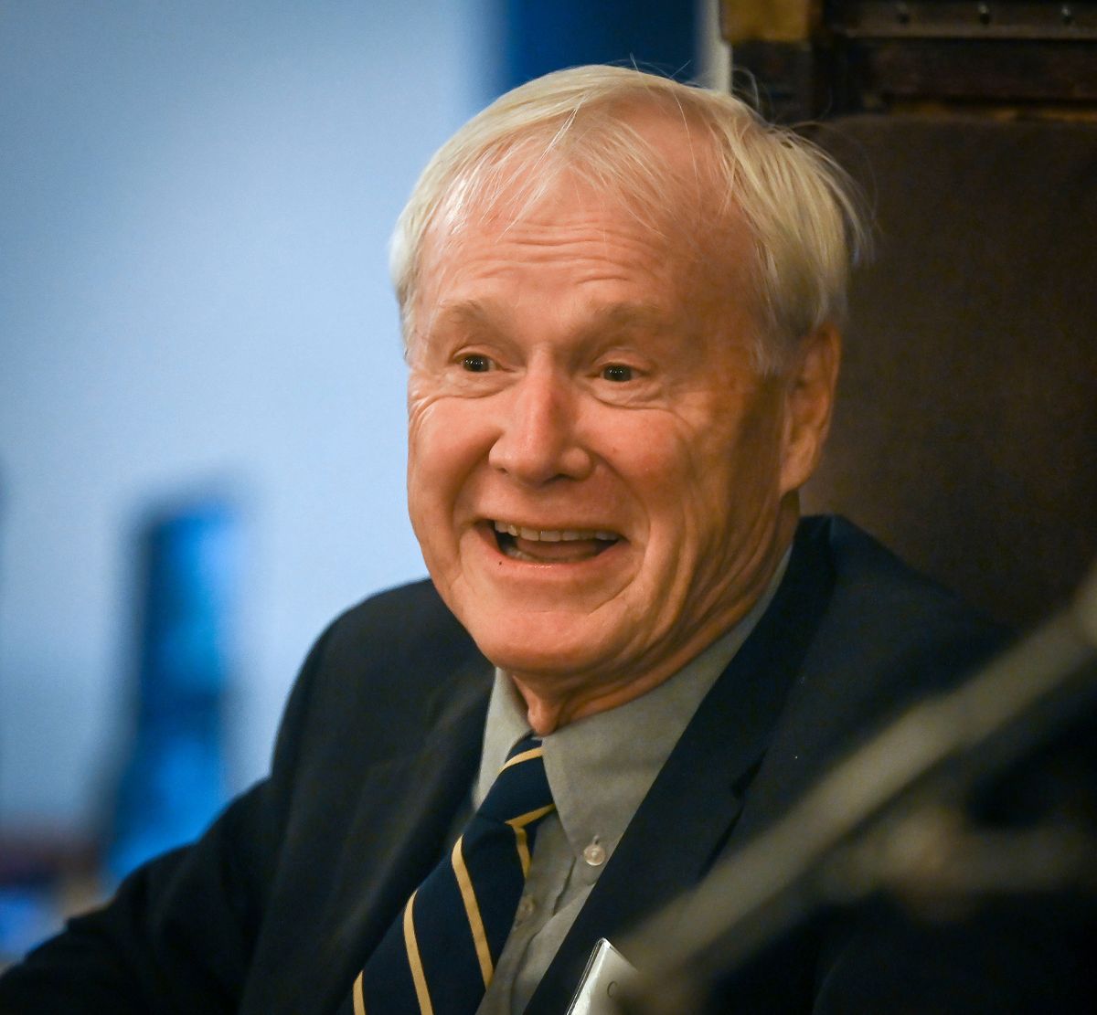 Chris Matthews, political commentator and former host of “Hardball with Chris Matthews” on MSNBC, talks about his experiences with former Speaker of the House Tom Foley during a dinner and reception hosted by The Foley Institute for Public Policy and Public Service, Thursday, April 21, 2022, at Riverside Place.  (COLIN MULVANY/THE SPOKESMAN-REVIEW)