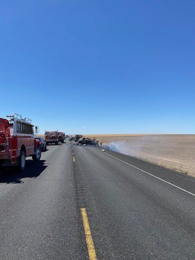 Three people died and one was injured in a head-on crash Friday afternoon on State Route 26 near Washtucna, Washington.  (Courtesy of Washington State Patrol)