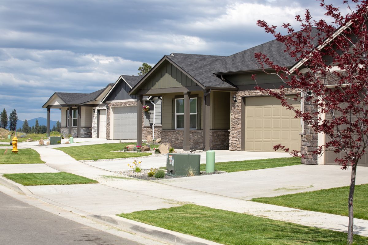 Homes in the recently built Country View Meadows neighborhood are seen on the West Plains on June 8, 2021. Spokane County’s median home price increased to a record $395,000 in July.  (Libby Kamrowski/THE SPOKESMAN-REVIEW)