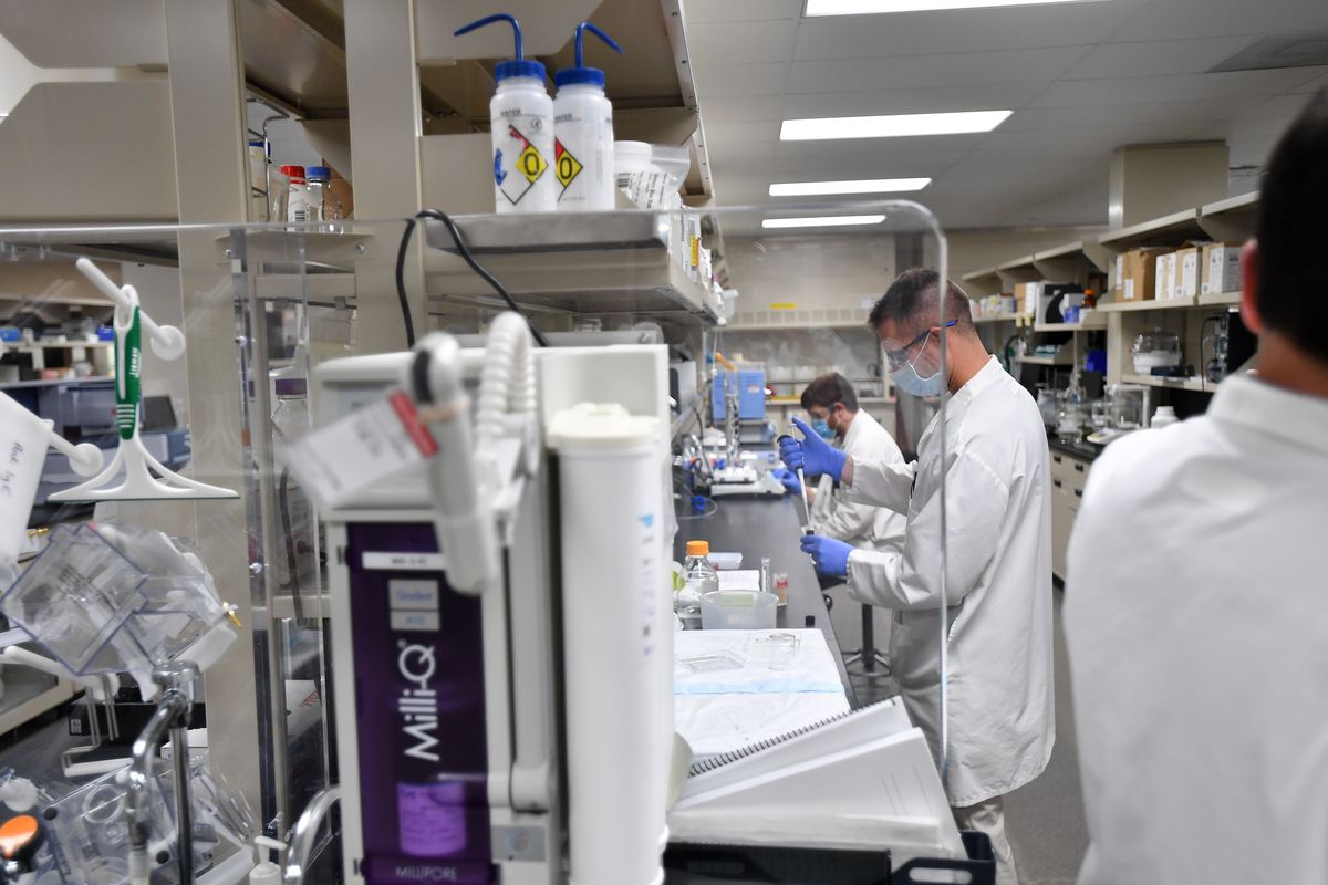 Jubilant HollisterStier employees work on anti-venom Thursday at the Spokane company during the AWB tour of sites in Spokane County. Jubilant is planning a second, 50,000-square-foot expansion of its Regal plant.  (Tyler Tjomsland/The Spokesman-Review)