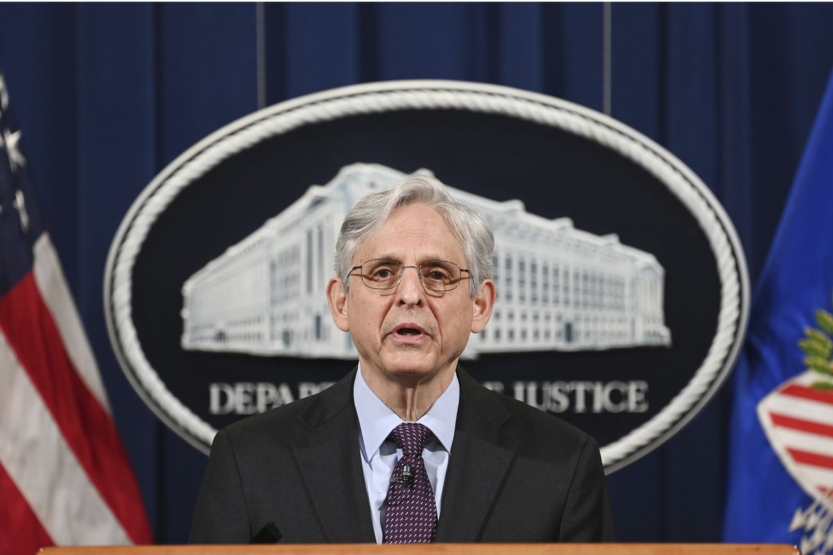 Attorney General Merrick Garland speaks at the Department of Justice in Washington, Monday, April 26, 2021. The Justice Department is opening a sweeping probe into policing in Louisville after the March 2020 death of Breonna Taylor, who was shot to death by police during a raid at her home.  (Mandel Ngan)