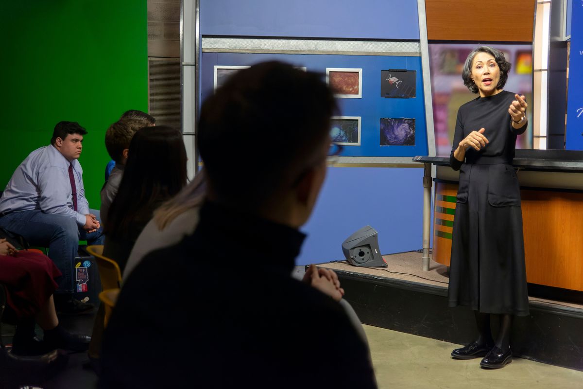 Former NBC News anchor Ann Curry talks with journalism students on Monday in a TV studio at Washington State University in Pullman. Curry is on campus to receive the Murrow Lifetime Achievement Award in Journalism and to deliver the keynote speech on Tuesday at the 46th Murrow Symposium.  (Geoff Crimmins/For The Spokesman-Review)