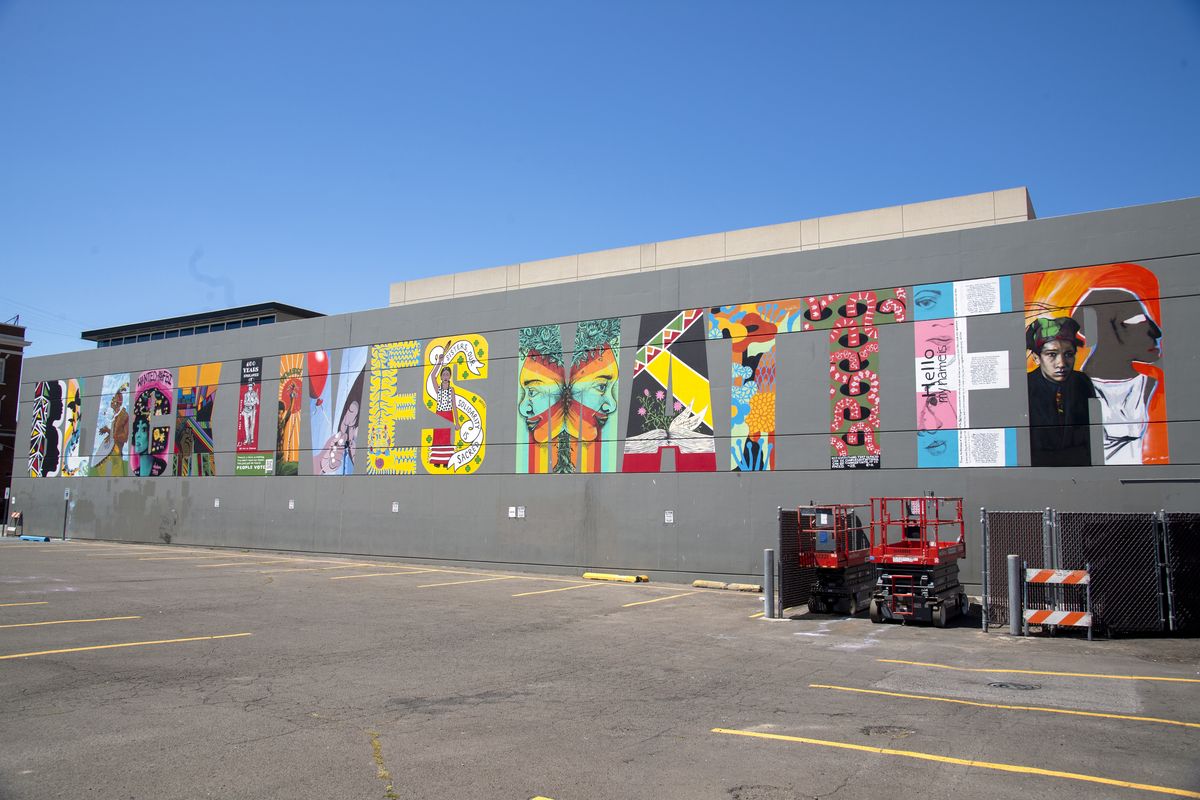 The Black Lives Matter mural, shown July 20,at 244 W. Main Ave. in downtown Spokane. Sixteen artists completed the letters with their original designs.  (Jesse Tinsley/The Spokesman-Review)