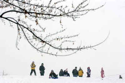 
Sledders, boarders and parents stand perched atop a hill at Valley Mission Park ready to take to the slopes.
 (Rajah Bose / The Spokesman-Review)