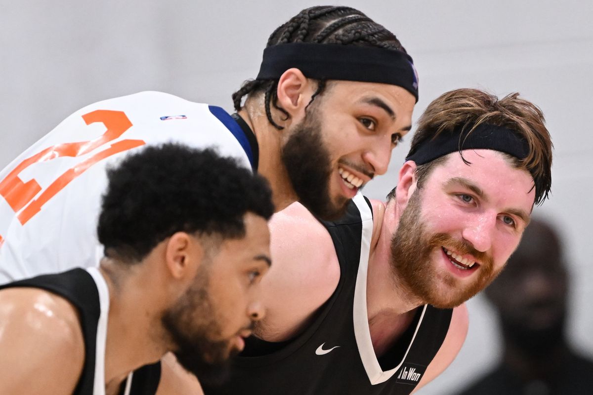 Brooklyn Nets forward Drew Timme laughs with his former Gonzaga teammate, New York Knicks forward Anton Watson during a free throw during a 2025 NBA Summer League basketball game on Tuesday, Jul. 15, 2025, at Cox Pavilion in Las Vegas, Nev. (Tyler Tjomsland / The Spokesman-Review)