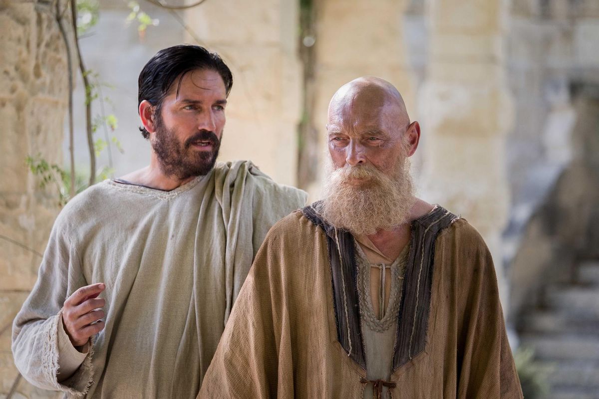 Jim Caviezel, left, plays Luke and James Faulkner is his colleague Paul in the biblical drama “Paul, Apostle of Christ.” (Columbia Pictures / Columbia Pictures)