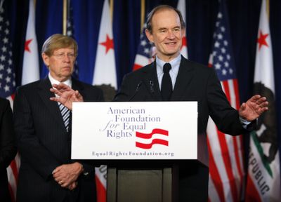 Attorneys Theodore B. Olson, left, and David Boies announce a federal court challenge to Proposition 8 during a news conference in Los Angeles on Wednesday.  (Associated Press / The Spokesman-Review)