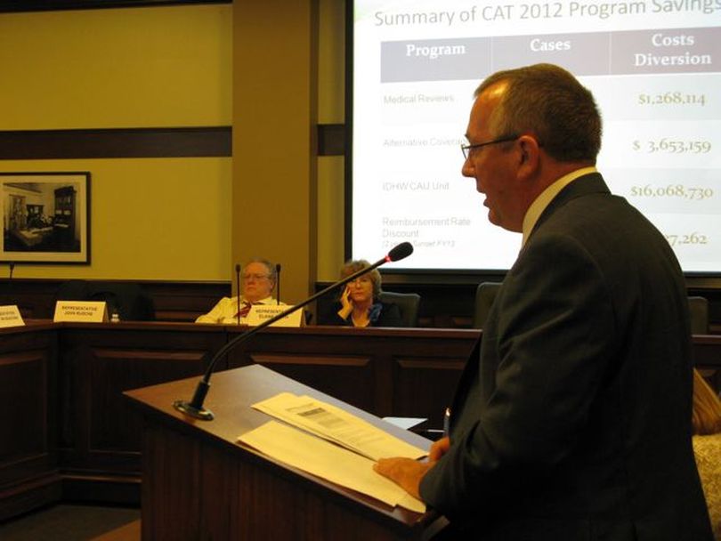 Roger Christensen, Bonneville County commissioner and chairman of the state's Catastrophic Health Care Fund board, tells lawmakers Monday that the program's costs are rising again. (Betsy Russell)