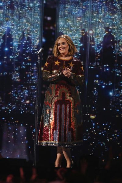 Adele performs onstage Wednesday at the Brit Awards 2016 at the 02 Arena in London. (Joel Ryan / Invision/Associated Press)