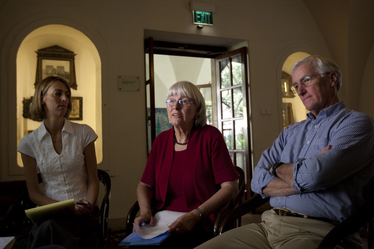 Cindy, center, and Craig Corrie, right, the parents of Rachel Corrie, a pro-Palestinian activist who was killed by an Israeli bulldozer in Gaza in 2003, sit together with their daughter Sarah, during an interview with the Associated Press in Jerusalem, Sunday, Aug. 26, 2012. Almost a decade after their daughter was crushed to death by an Israeli army bulldozer as she tried to block its path in a Gaza Strip war zone, Rachel Corrie