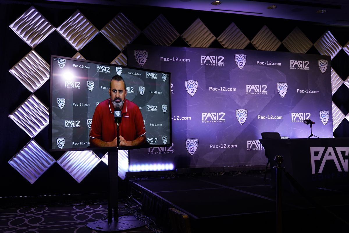 Washington head coach Nick Rolovich answers questions via video conference during the Pac-12 Conference football Media Day on Tuesday in Los Angeles.  (Associated Press)