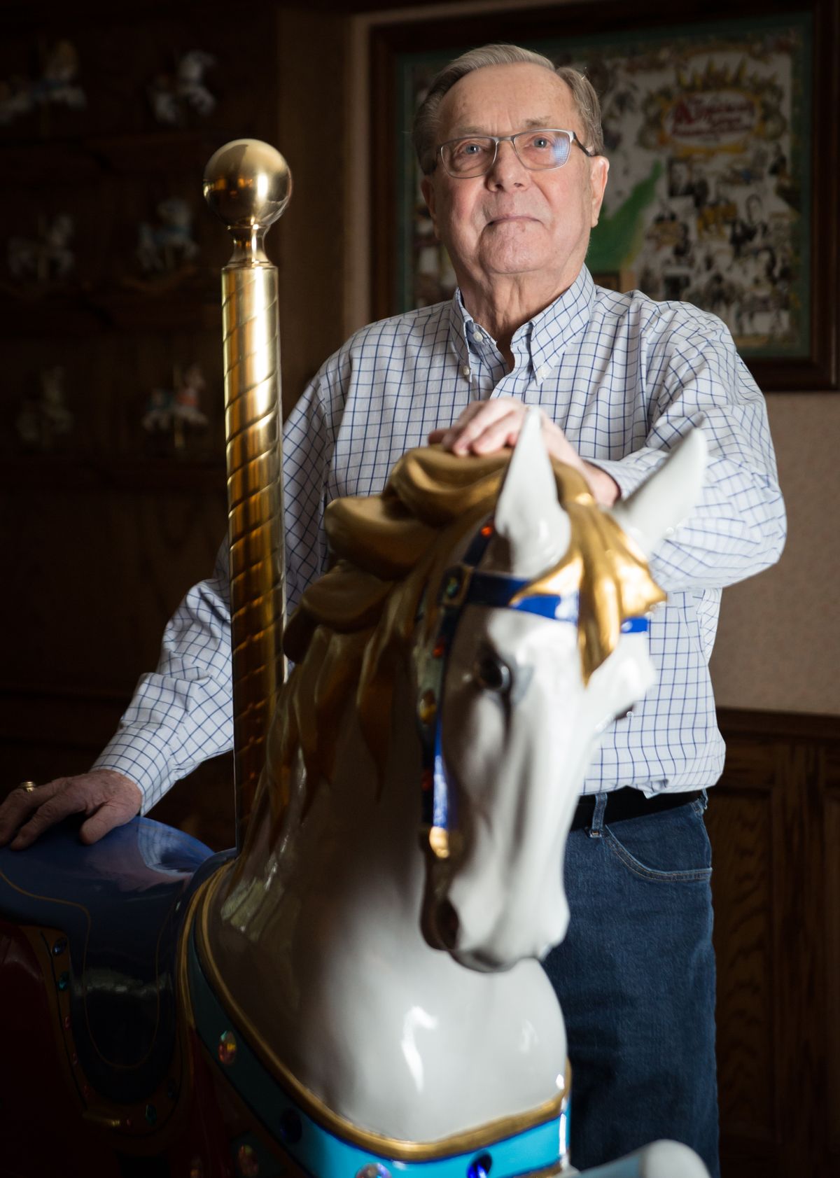 Richard Cox stands with his restored carousel horse, Corona. Cox began restoring the horse last spring and finished it in September.  (Libby Kamrowski/ THE SPOKESMAN-REVIEW)