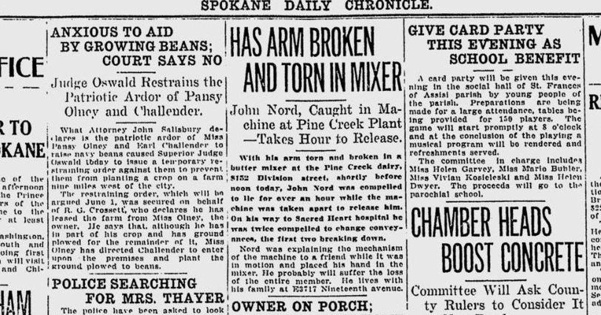 100 years ago in Spokane Man loses arm in dairy accident The