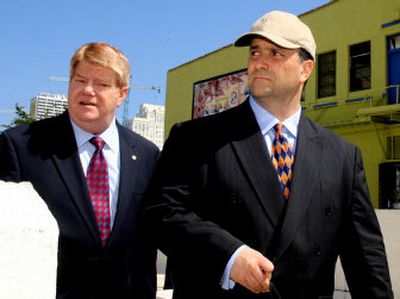 Jack Abramoff, right, and attorney Neal Sonnett leave the federal courthouse in Miami after sentencing in the SunCruz fraud case Wednesday.
(Associated Press / The Spokesman-Review)
