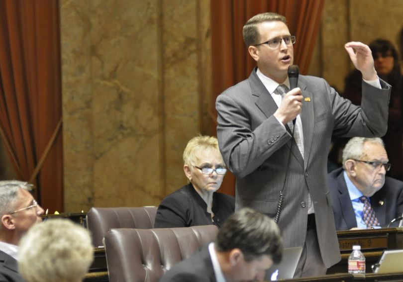 OLYMPIA -- Rep. Matt Shea, R-Spokane Valley, argues for an amendment to the oil transportation safety bill in the House on Tuesday, April 14. The bill passed 58-40. (Jim Camden)