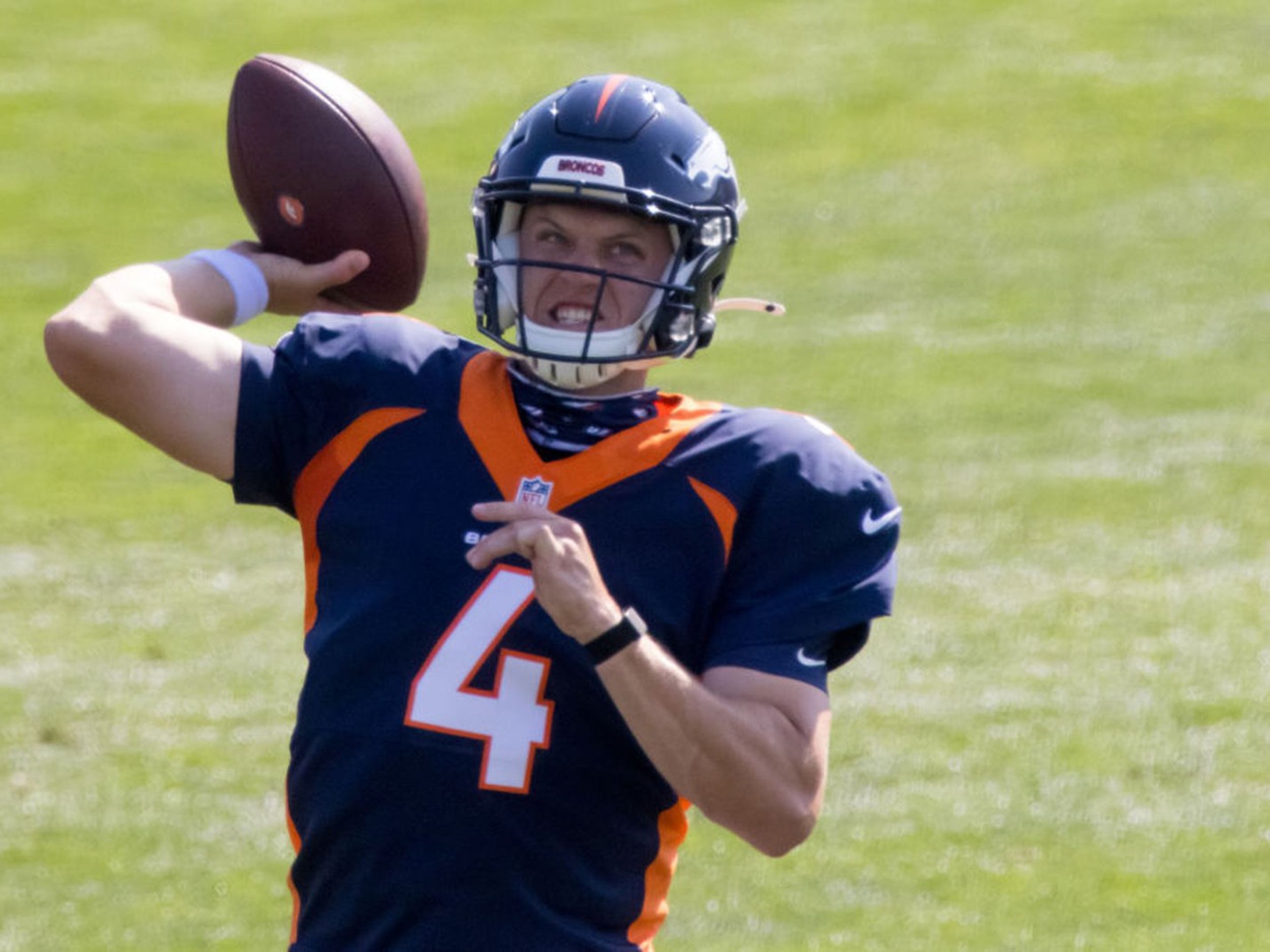 Denver Broncos quarterback Brett Rypien throws a pass during the