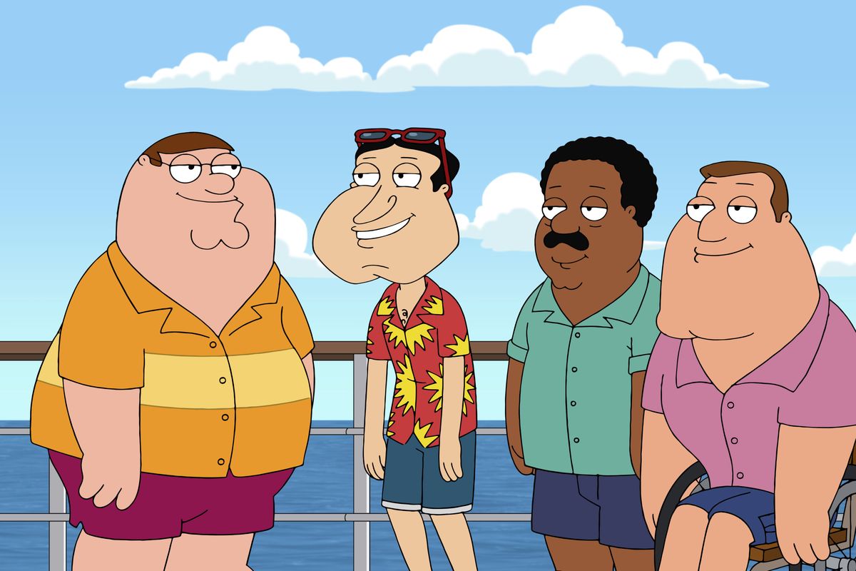 In this image released by Fox, animated characters, from left, Peter Griffin, Glenn Quagmire, both voiced by Seth MacFarlane, Cleveland Brown, voiced by Mike Henry and Joe Swanson, voiced by Patrick Warburton from the series "Family Guy." Henry, announced Friday, June 26, that he will no longer voice the black character Cleveland Brown. (HONS)