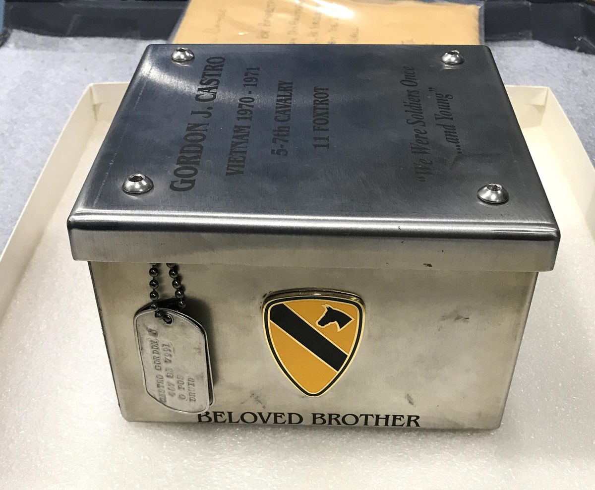 This box contains the cremains of Vietnam War veteran Gordon Castro. (Michael Ruane / Washington Post)
