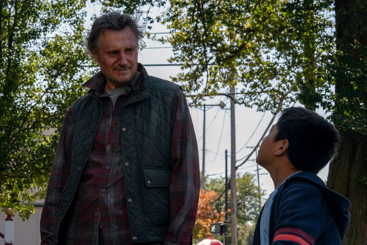 Liam Neeson, left, and Jacob Perez in "The Marksman."   (Open Road Films)