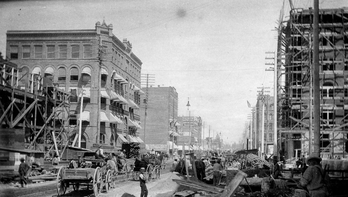 1890: The Ziegler Building, at left with awnings on the windows, was completed within months of the massive 1889 fire that destroyed most of downtown Spokane, including the original Ziegler hardware store.