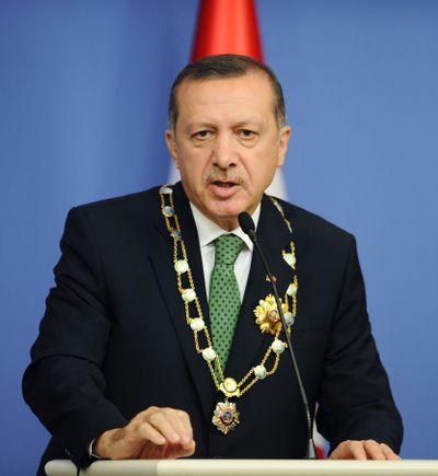 Turkey's Prime Minister Recep Tayyip Erdogan speaks during a news conference in Ankara, Turkey on Thursday. (Associated Press)