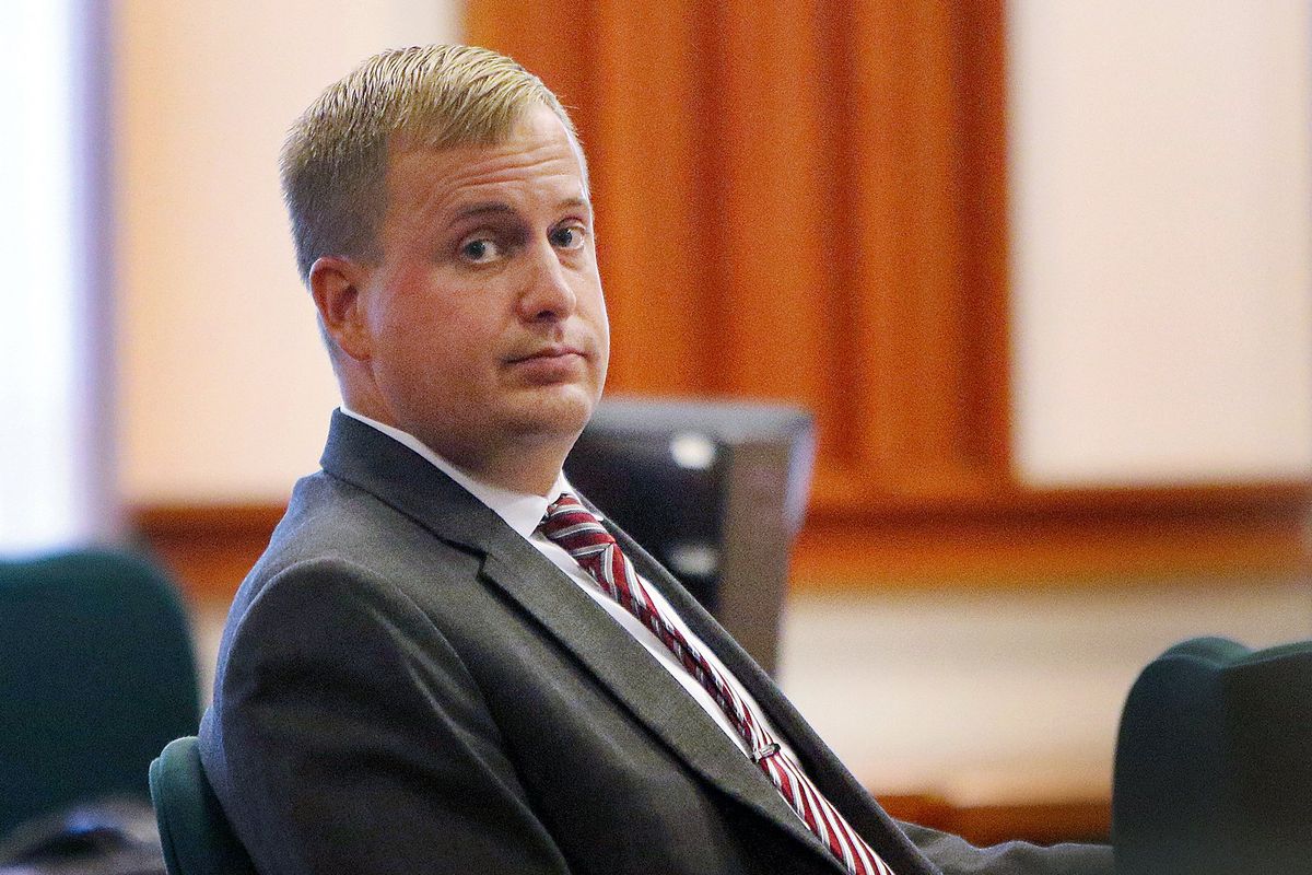 Former Idaho state Rep. Aaron von Ehlinger glances toward the gallery during the second day of testimony in his rape trial at the Ada County Courthouse, Wednesday, April 27, 2022, in Boise, Idaho.  (Brian Myrick)