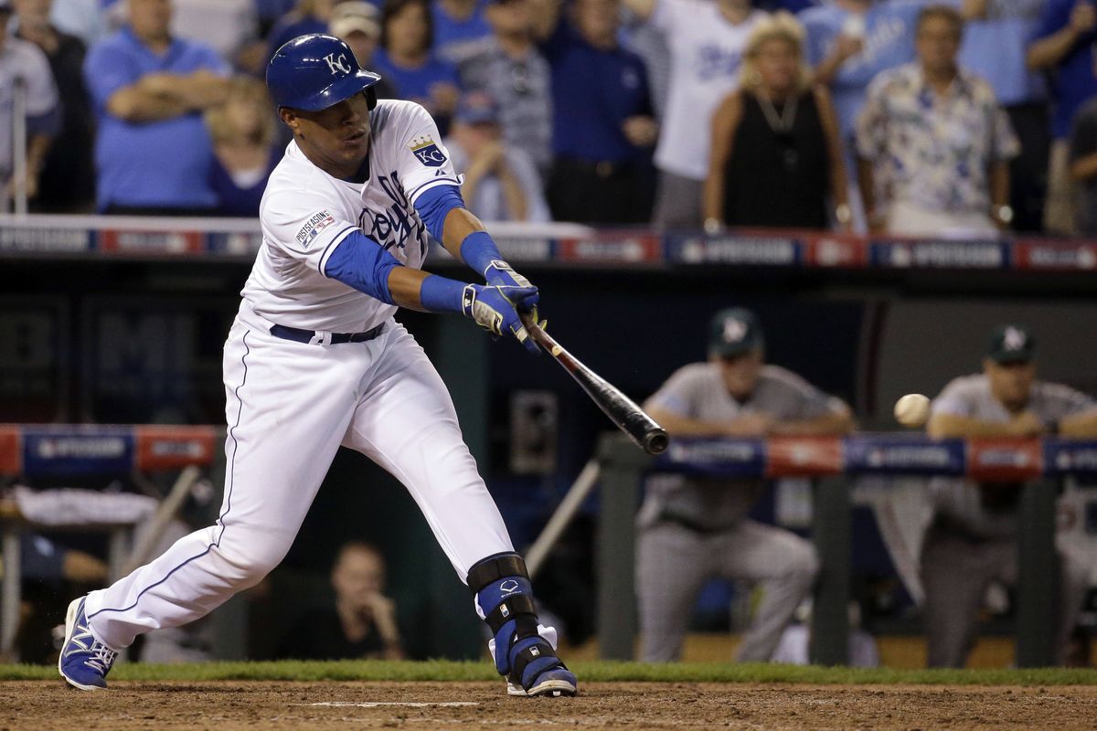 Kansas City’s Salvador Perez, who was 0 for 5 coming into his final at-bat, strokes the winning single against Oakland on Tuesday. (Associated Press)