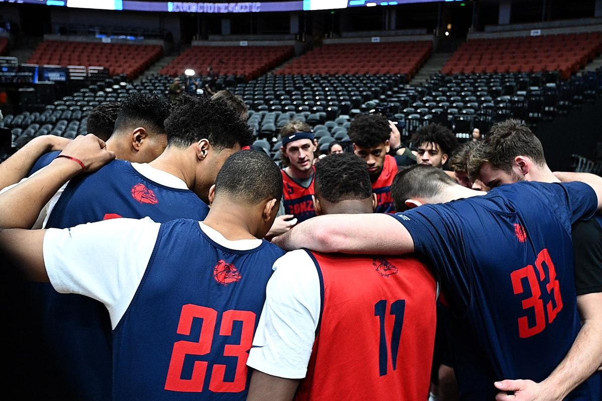 The Zags circle up before the Gonzaga University basketball practice at the Honda Center in Anaheim, Calif., Wed., March 27, 2019. (Colin Mulvany / The Spokesman-Review)