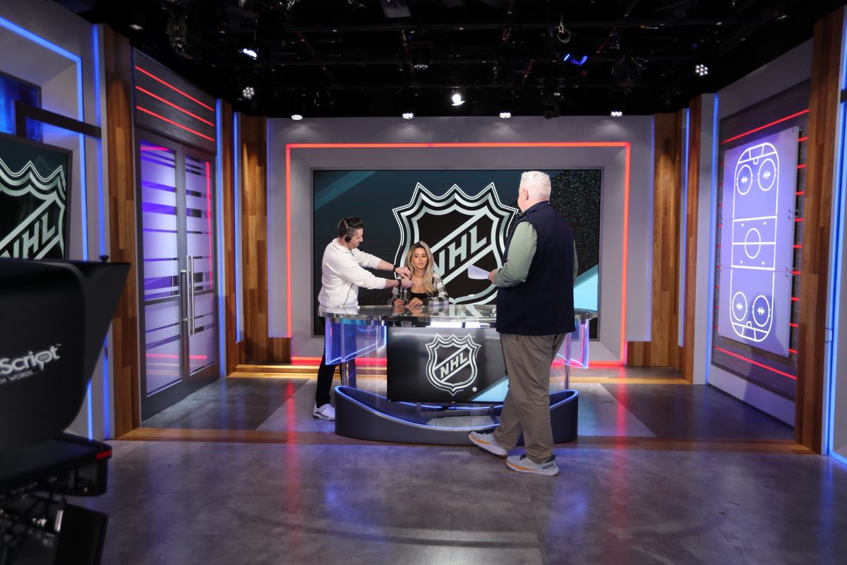 A handout photo shows the 600-square-foot broadcast studio in the National Hockey League's new headquarters in New York. The facility includes 18 routable monitors, four robotic cameras and a control room that can seat 12.  (NHL Images/NYT)