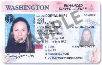 
This is an image of the enhanced Washington driver's license, which should speed up border crossings. Courtesy of the Washington Department of Licensing
 (Courtesy of the Washington Department of Licensing / The Spokesman-Review)