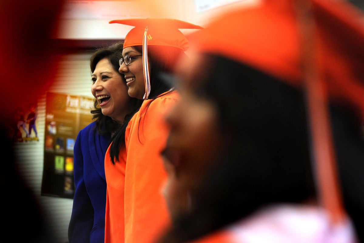 U.S. Secretary of Labor Hilda Solis spoke with all 37 Bridgeport High graduates, including Carina Velasquez, before giving the commencement speech Wednesday. (Kathy Plonka)