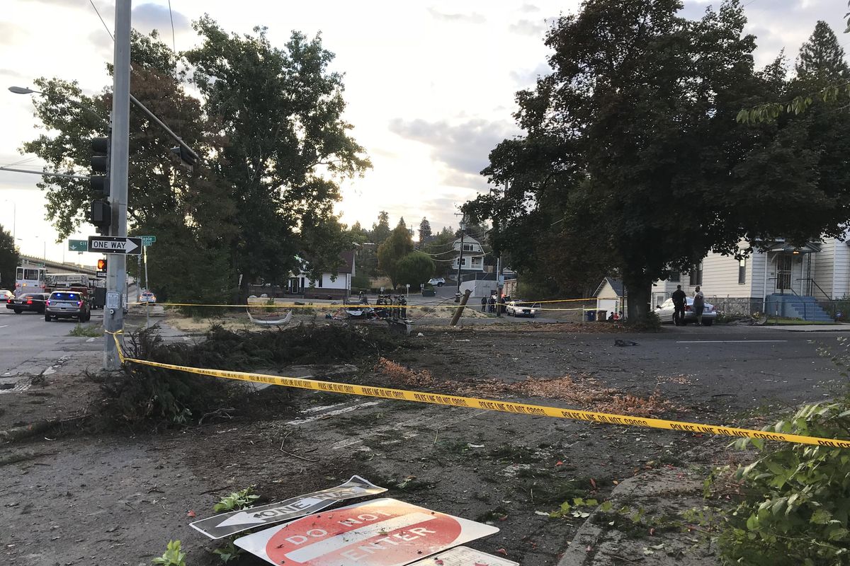 A man was taken into custody Friday, Sept. 14, 2018 after leading Washington State Patrol troopers on a high-speed chase that ended with him crashing at Maple Street and Fifth Avenue. (Jonathan Glover / The Spokesman-Review)