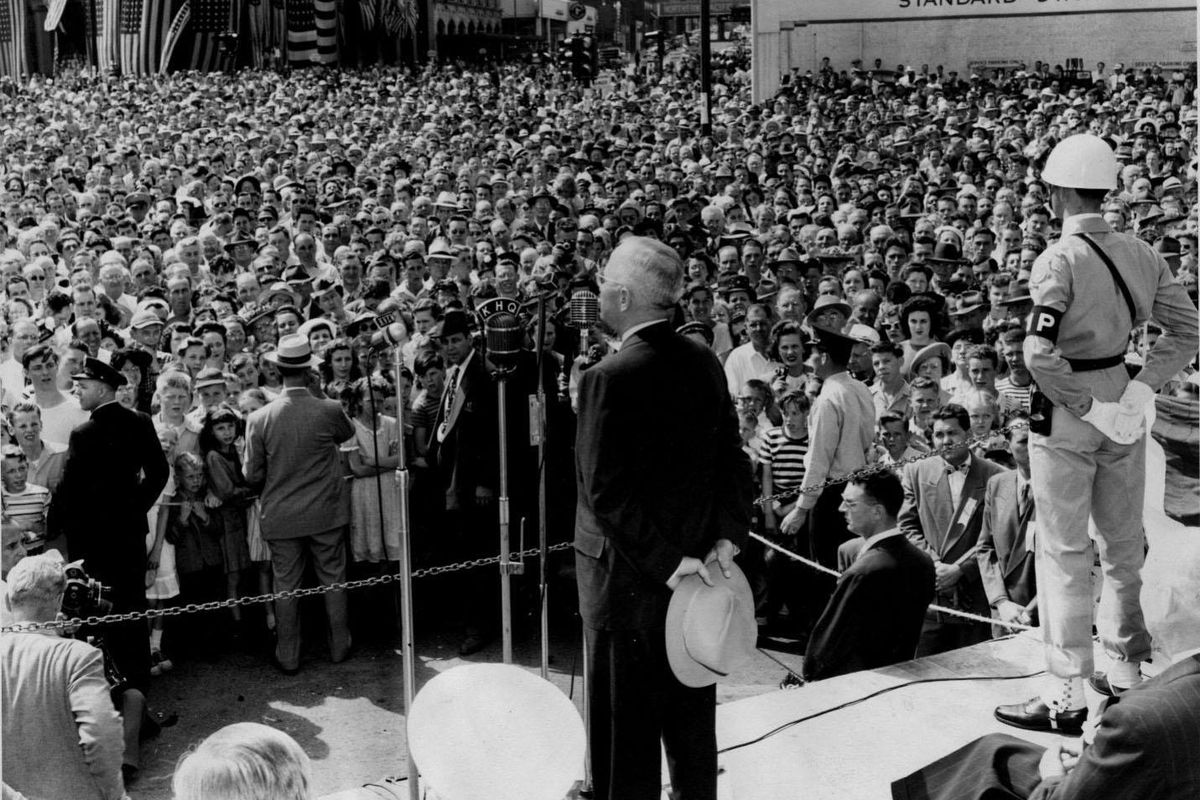 President Harry Truman visited Spokane in June 1948. Guarded by Military Police, President Truman paused for a speech at the corner of Riverside and Monroe. Flags decorated The Spokesman-Review building. (FILE The Spokesman-Review)