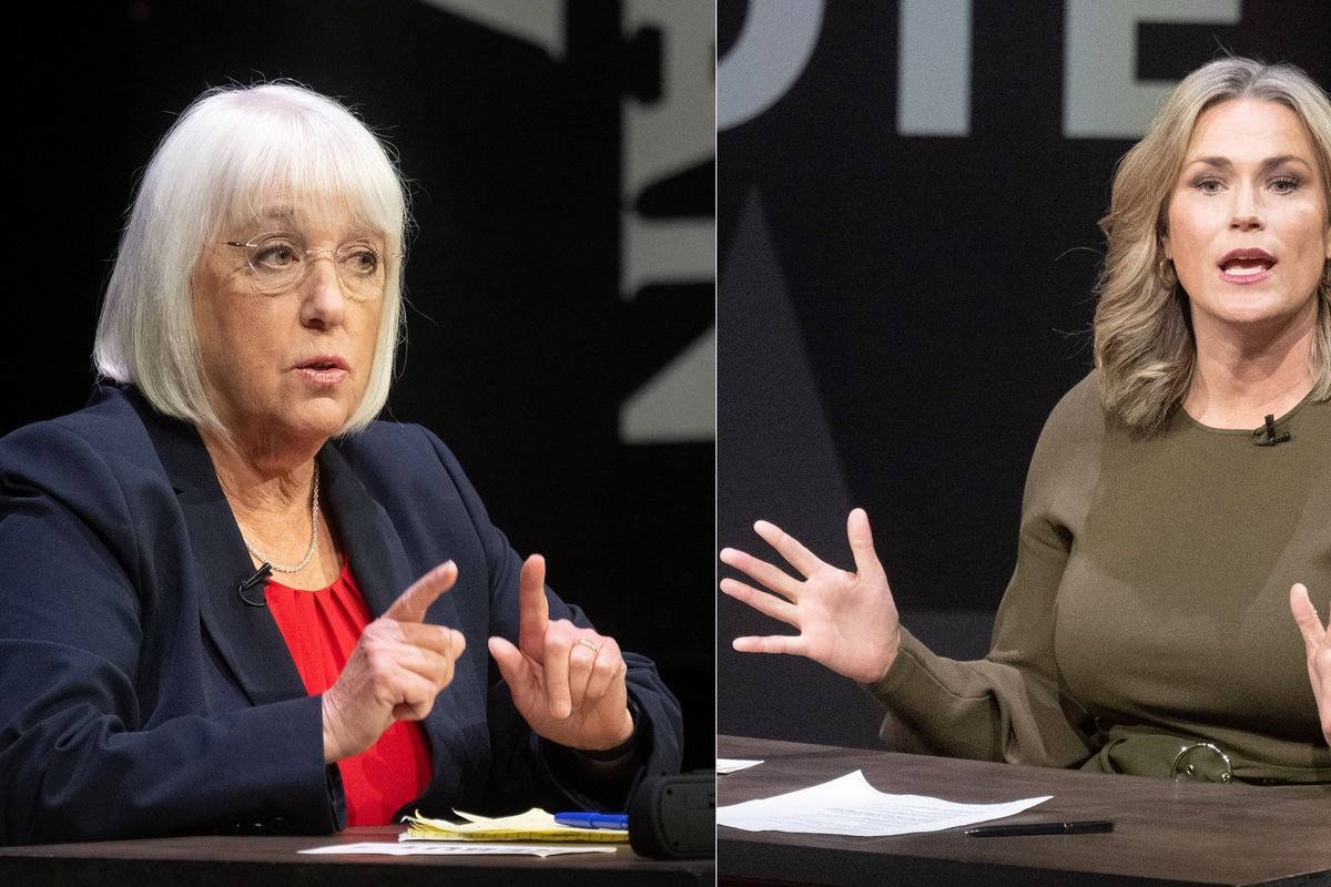 Patty Murray, left, and Tiffany Smiley during a debate on the campus of Gonzaga University in Spokane on Sunday, Oct. 23, 2022.   (Jesse Tinsley )